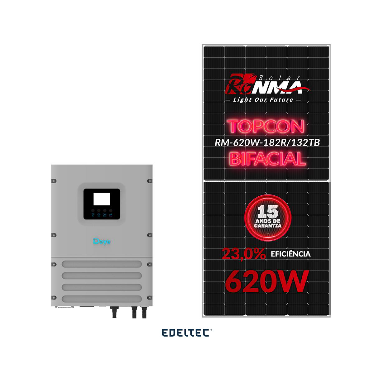 Gerador edeltec solar hibrido off grid deye 3,10 kwp mon. 220v metalico (3.6k/620w bifacial)